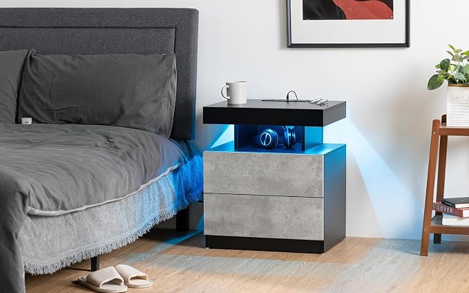 HOMMPA Nightstand with Charging Station and LED Light, Smart Nightstand with USB Port & Wireless Charging, Modern Night Stand with 2 Drawer, Concrete Grey Matte Beside Table for Bedroom - Image 9