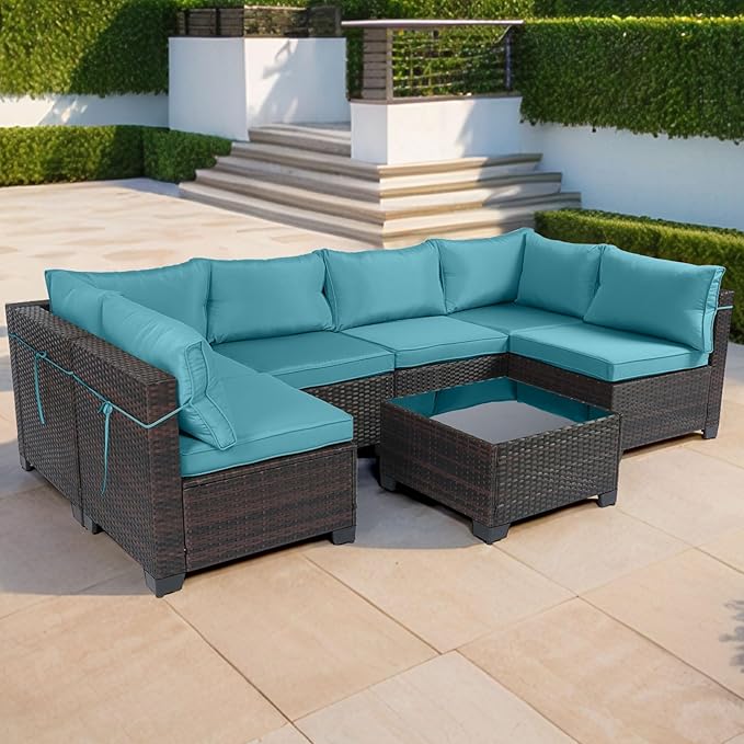 CHABATREE 7 Pieces Outdoor Patio Furniture Sets,Rattan Conversation Sectional Set,Manual Weaving Wicker Patio Sofa with Tea Table