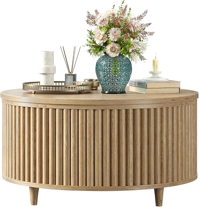Evermagin 31.5'' Walnut Round Coffee Table, Fluted Lift Top Coffee Table with Large Storage, Mid Century Modern Small Center Table for Living Room