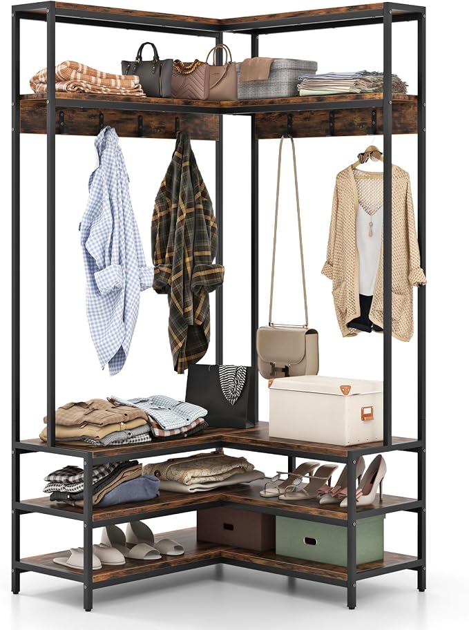 Tangkula Corner Hall Tree, 70 Inch Coat Rack with Bench and Shoe Storage, Entryway Furniture with 7 Hooks, Heavy Duty Metal Frame, Space Saving Clothes Rack Shoes Shelf Organizer (Rustic Brown) - Image 9