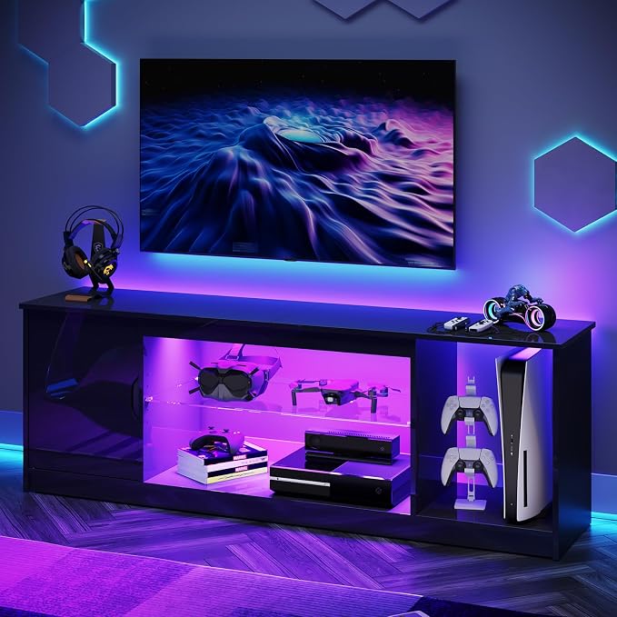 Bestier 57" Gloss Black Media Console - Gaming TV Stand for 65 Inch TV, Entertainment Center for PS5/Xbox Series X, Modern Home Theater Design, Adjustable Glass Shelves - Image 8