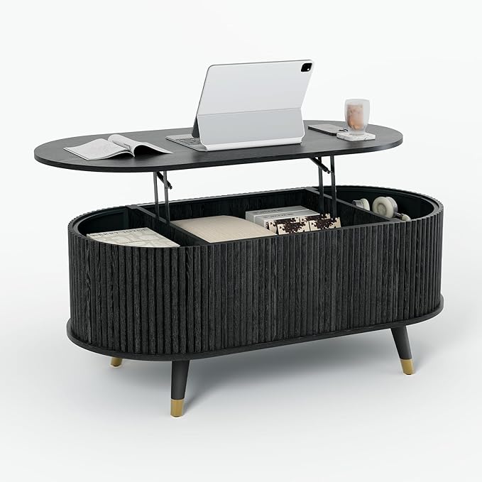 42.5" Oval Lift Top Coffee Table with Storage, Mid Century Modern Black Center Table with Fluted Design, Solid Wood Legs & Hidden Compartment, Pop Up Cocktail Table for Living Room