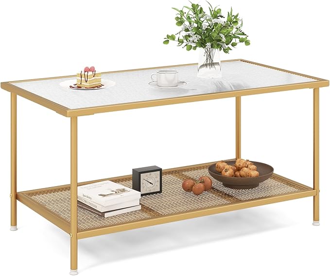 Tangkula Glass Coffee Table, 2-Tier Rectangular Tempered Glass Center Table w/Metal Mesh Storage Shelf, Modern Accent Table with Gold Metal Frame for Living Room & Small Spaces (Gold, 35.5”L)