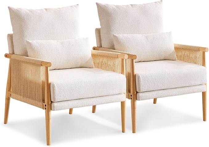VINGLI Boho Braid Accent Armchairs Set of 2,Mid-Century Modern Chiars with Solid Wooden Armrest,Comfy Louge Cushion Chairs with Waist Pillow for Bedroom,Living Room,Reading Room, Beige