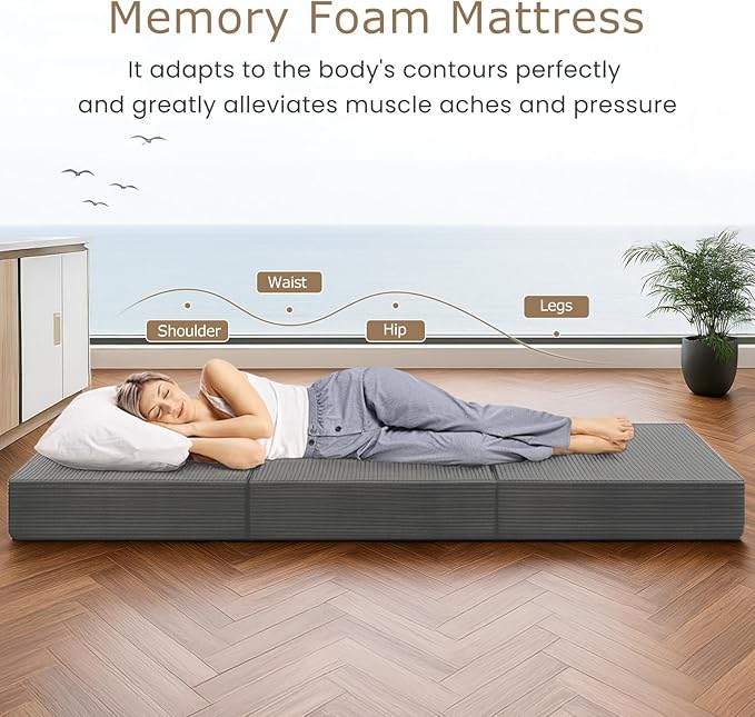 6-Inch Tri-Folding Mattress Single Size - Foldable Futon Sofa Bed with Removable Washable Cover, Folding Futon Mattress | Non-Slip Bottom & Carry Handles for Guest, Camping, Dorm