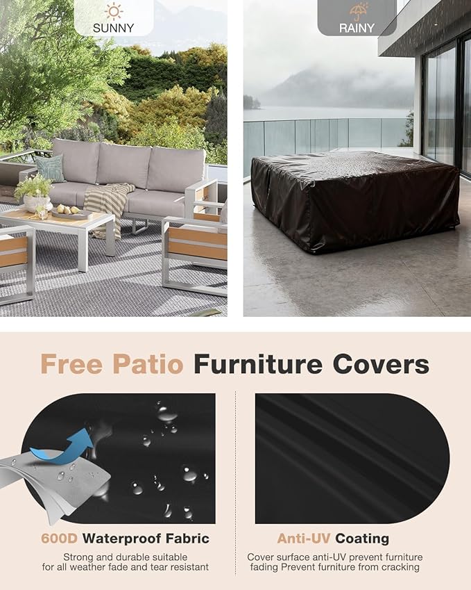 Aoxun Aluminum Patio Furniture Set, 5 Piece Luxury Outdoor Sectional with 6" Olefin Fabric Cushions, Patio Conversation Sets with Coffee Table and Waterproof Cover for Backyard, Porch Grey