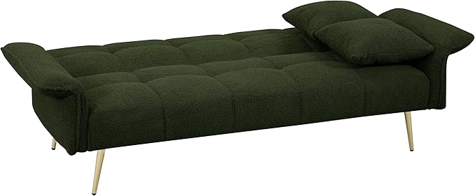 70 inch Upholstered Teddy Fleece Sofabed with Adjustable Arms and Backrest,Modern Convertible Futon Couch W/Metal Legs & Pillows,Love Sofa for Living Room,Bedroom,Apartment,Green, 70"