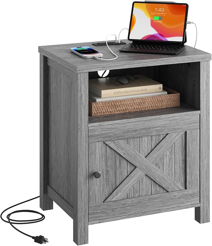 Pipishell Nightstand with Charging Station, Farmhouse Bedside Table with Open Shelf, Enclosed Cabinet, USB Port & AC Outlet, Wood Side Table with Storage for Bedroom, Gray - Image 8