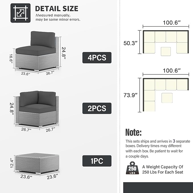 SUNCROWN Outdoor Patio Furniture Set 7 Piece Outdoor Sectional Sofa Grey Wicker Conversation Sofa Set with Coffee Table, Cushions and A Waterproof Cover -Grey