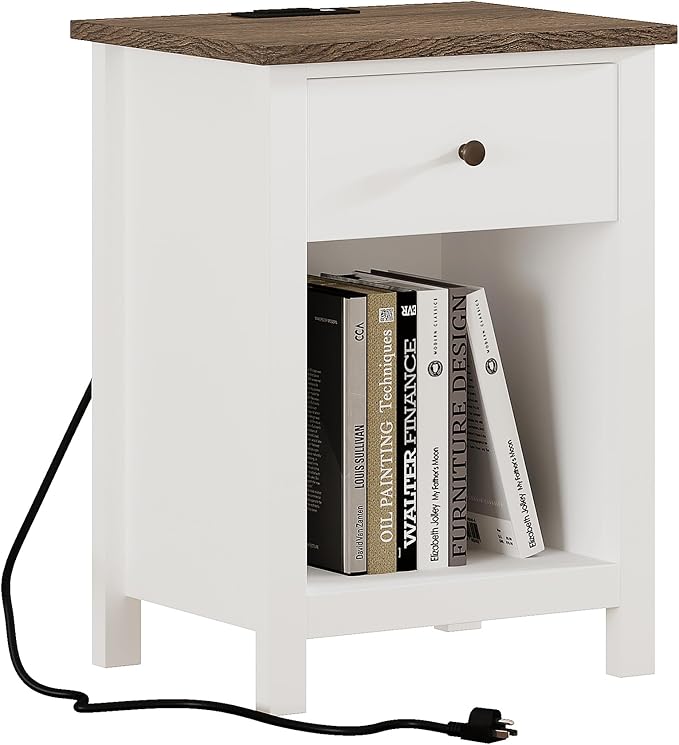 ChooChoo Farmhouse Nightstand with Charging Station, Wooden Top Bedside End Table with Drawer and Storage Space for Bedroom, White - Image 8