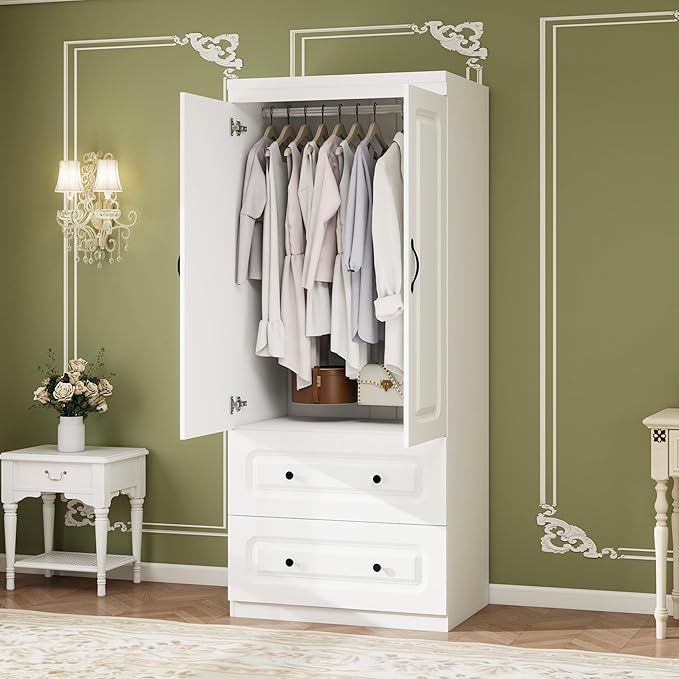 Armoire Wardrobe Closet: Wood White Bedroom Armoire Storage Cabinet for Large Capacity with 2 Doors, Tall Armoire and Wardrobe Closet with 2 Drawers & Hanging Rail