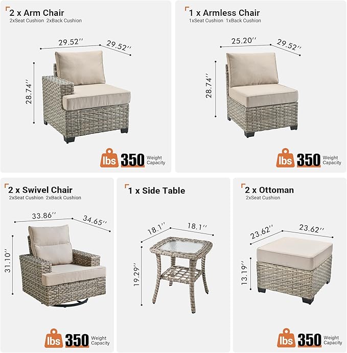 ovios 8 Piece Patio Sectional Furniture with Swivel Rocking Chairs, Rattan Wicker Coversation Set with Glowing Coffee Table, Outdoor Sofa Set for Outside Porch Balcony Backyard Pool,Beige