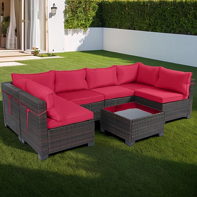 CHABATREE 7 Pieces Outdoor Patio Furniture Sets,Rattan Conversation Sectional Set,Manual Weaving Wicker Patio Sofa with Tea Table