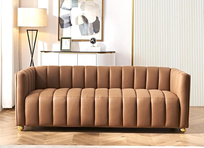 Direct Glam Fabric Upholstered Solid Wood Frame 82.7" Art Deco Sofa for Living Room, Office, Sophisticated 3 Seater Couch, Brown