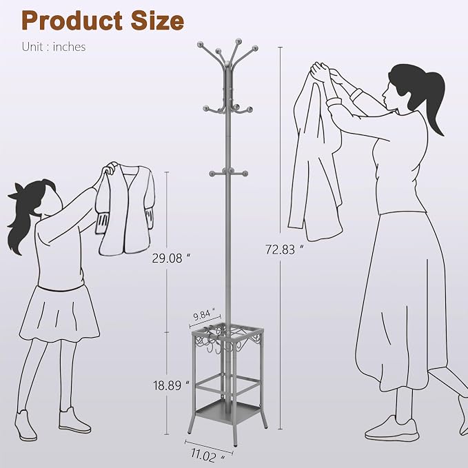 Hoctieon Coat Rack Freestanding With Umbrella Holder, Metal Coat Tree With 12 Hooks, Standing Hanger for Entryway, Hat Rack for Home Office, Gray - Image 9