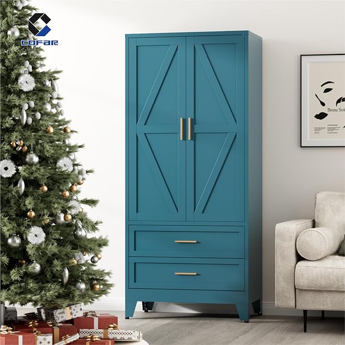 COFaR Metal Armoire Wardrobe Closet with Drawers, 71'' Tall Farmhouse Bedroom Armoires with Doors, Freestanding Steel Wardrobe Cabinet Coat Closet for Bedroom Home Office Garage, Peacock Blue