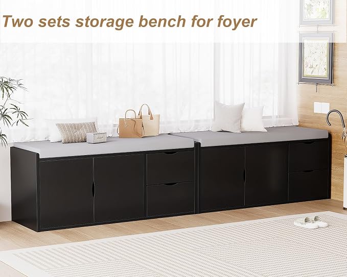 LVB 2-Tier Storage Bench with Padded Seat Cushion, Entryway Bench with 2 Drawers, Removable Barn Doors & Adjustable Shelf, Industrial Shoe Bench for Hallway, Bedroom, Living Room,Black Oak, 40 Inch - Image 9