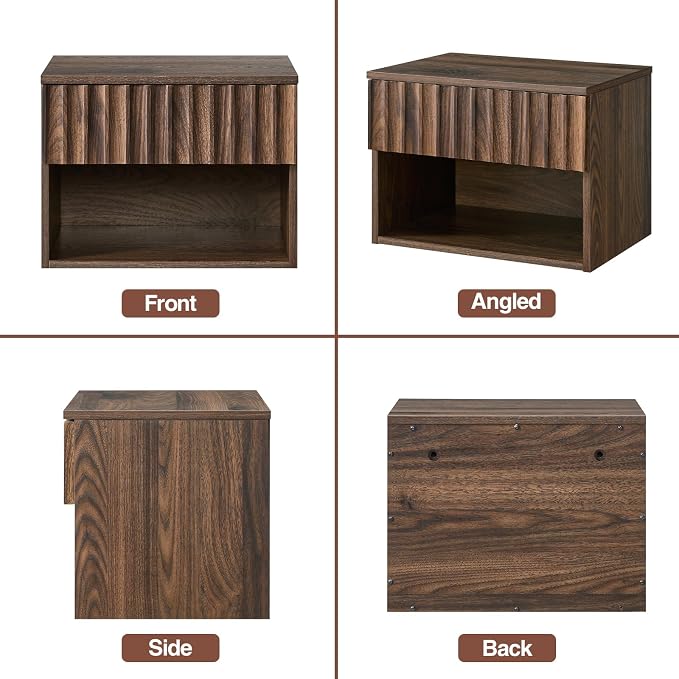 BuildHom Floating Nightstand with Fluted Drawer - Modern Wall Mounted Bedside Table with Open Storage Shelf, Small Night Stand for Bedroom(Walnut) - Image 9