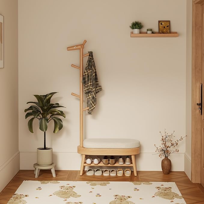 AQIMUELE Entryway Shoe Rack with Coat Rack, Wooden Shoe Bench with Upholstered Cushion, 3-in-1, 2-Tier Shoe Storage and Cute Animal Hooks for Entryway, Hallway, Closet (Natural 32.2") - Image 9
