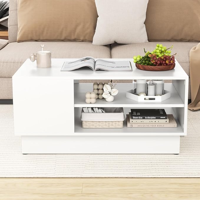 GOFLAME Modern Coffee Table with Storage, 34” Wooden Center Table with 2-Tier Open Storage Shelves, Open Side, Rectangular Tea Table for Living Room, Reception Room, Lounge, White