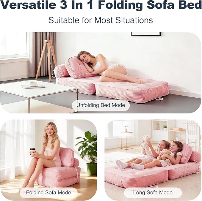 Folding Sofa Bed, Flannel Futon Couch Bed with Pillow and Blanket, Convertible Sleeper Chair for Living Room Bedroom (Two Pink)