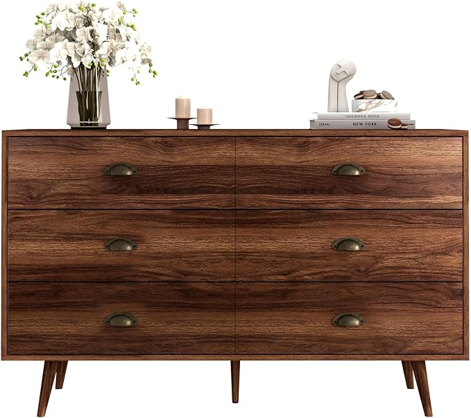 CARPETNAL Walnut Brown Dresser for Bedroom, 6 Drawer Dresser with Wide Drawers and Metal Knob, Wood Dressers & Chest of Hallway, Entryway. - Image 7