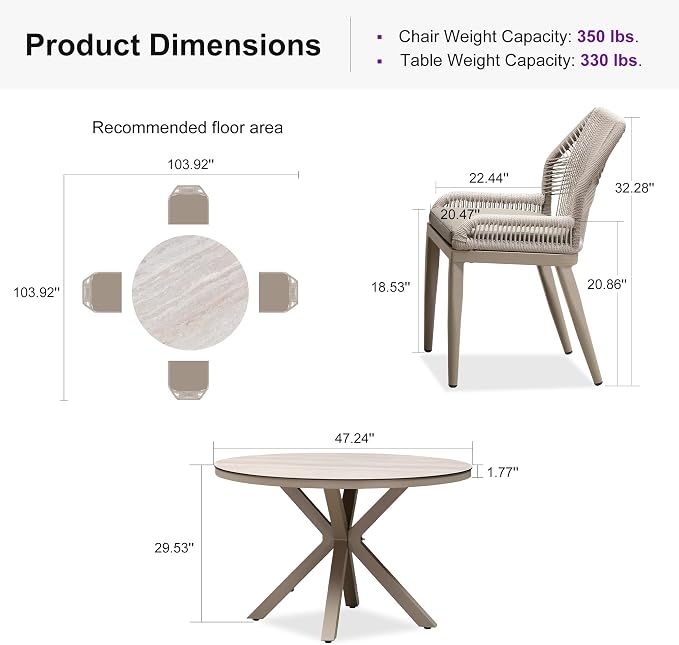 PURPLE LEAF 5 Pieces Round Dining Set Patio Aluminum Modern Oversize Round Table and Wicker Chairs with Cushions for Kitchen Porch Garden Outdoor Furniture Sets, Champagne - Image 9