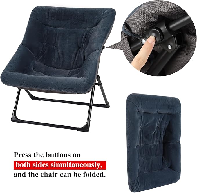 Comfy Saucer Chair for Adults, Soft Faux Fur Bedroom Chair with Ottoman, Accent Dorm Chairs, Living Room Reading Chairs and Footstool, Folding Seat for Teens, X-Large, Navy Blue