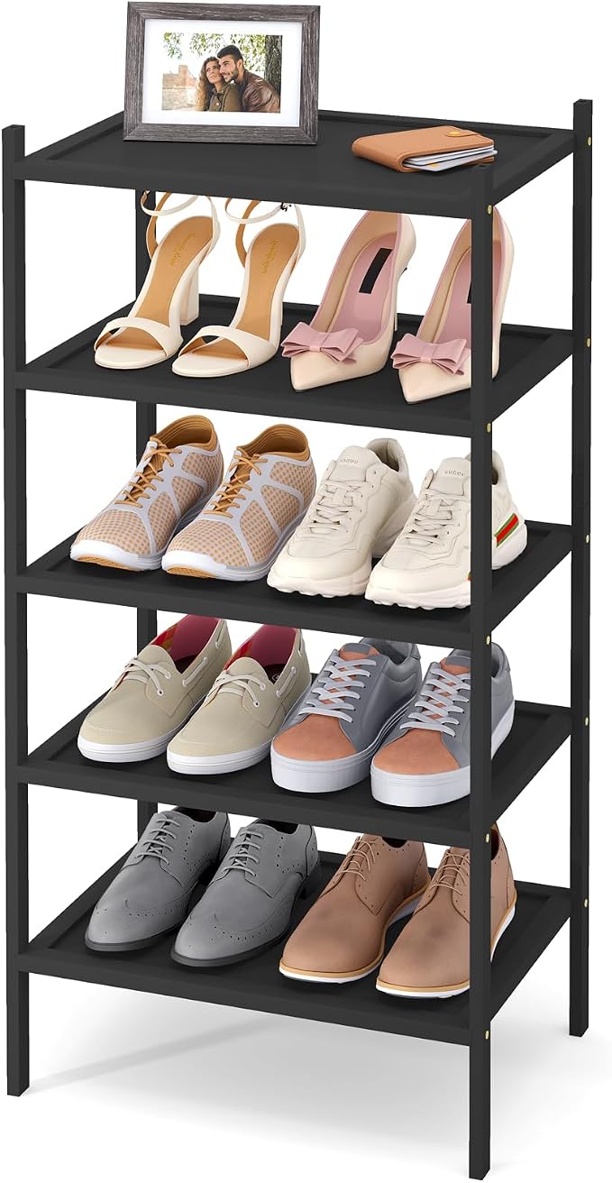 Smiry Bamboo Small Shoe Rack, 5 Tier Shoe Organizer for Entryway & Closet, Stackable Free Standing Storage Shelf for Shoes, Bags & Plants, Black by Smiry