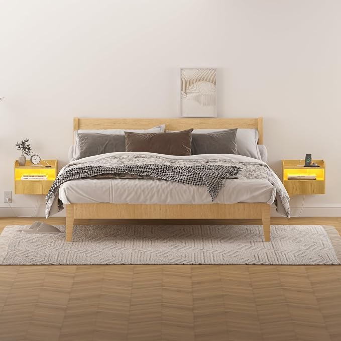 Veegle Floating Nightstand with Charging Station and LED Lights (Yellow Oak) - Image 7