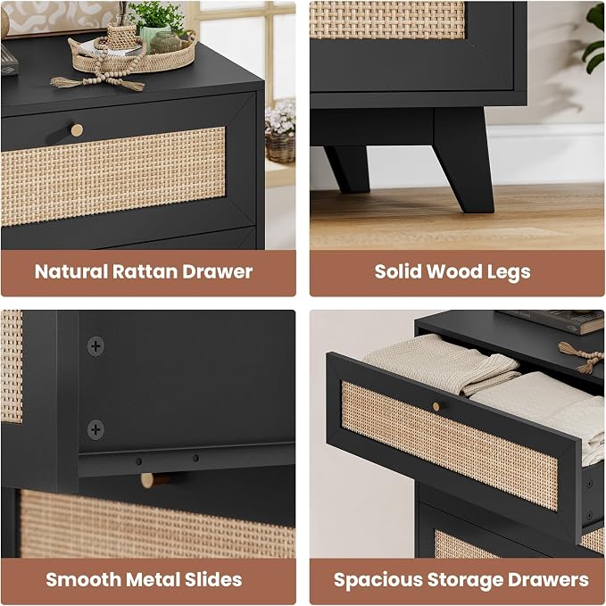 VIAGDO Black Rattan Nightstand Set of 2 with Charging Station, Natural Rattan Night Stand with 3 Large Wicker Decorated Drawers, Boho Bedside Table, End Side Table, 3 Drawer Dresser for Bedroom - Image 8