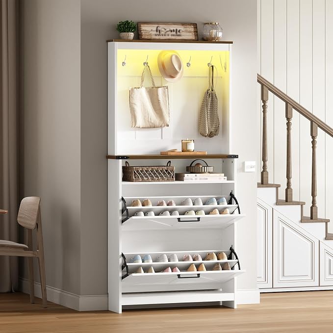 Farmhouse Shoe Cabinet with Coat Rack, Tall Shoe Cabinet with 2 Flip Drawers, Narrow Hidden Shoe Storage Cabinet, 2 in 1 Hall Tree Slim Freestanding Shoe Rack Organizer for Entryway, LED Light, White - Image 8