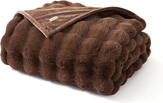 EverGrace Ultra Soft Luxury Fluffy Faux Rabbit Fur Throw Blanket, Thick Warm Bubble Throw for Bed, Cozy Plush Reversible Blankets for Couch, Chair, Sofa, Chestnut, 50x60 Inches