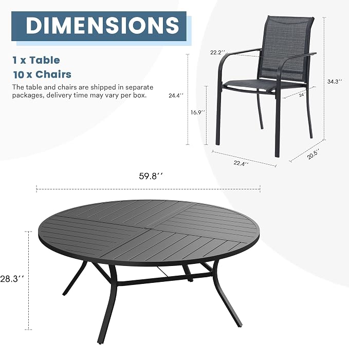 DIFY Patio Dining Set for 10, 11 Piece Outdoor Table and Chairs Set, 59.8" Black Round Metal Patio Dining Table and 10 Grey Textilene Stackable Patio Chairs, for Backyard Garden Poolside - Image 8
