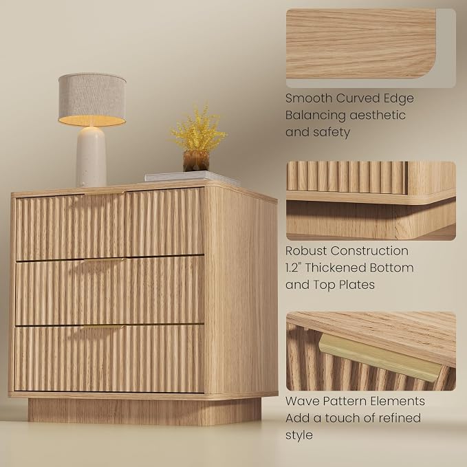 Fluted Night Stand with Charging Station, 22.4" W with Hidden Drawer, 4 Drawers, Wood End Table Mid Century Night Stands for Bedroom, Natural Oak - Image 9