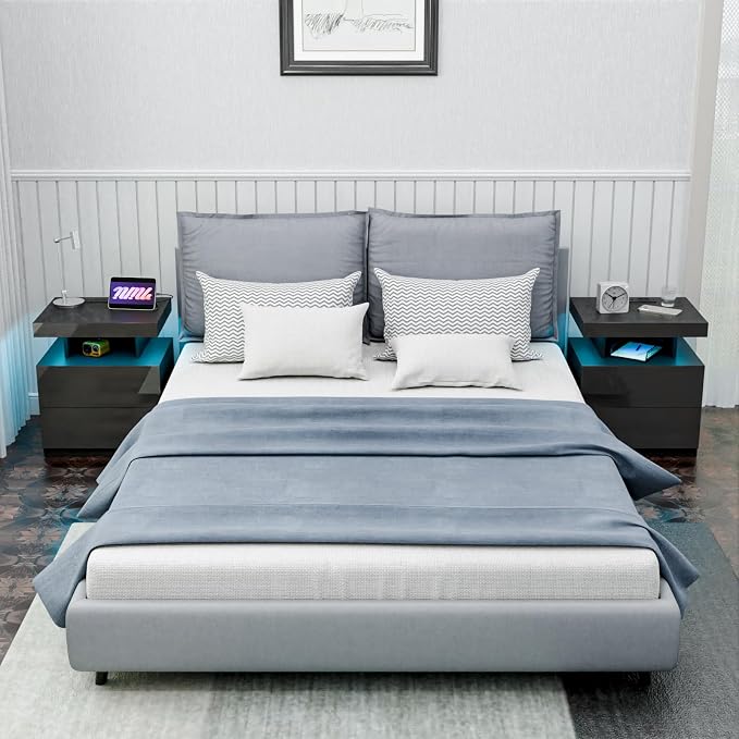 HOMMPA LED Nightstand with Wireless Charging Station & USB Ports High Gloss Bedside Table with LED Light RGB Adjustable Brightness Smart Nightstand 2 Drawers Night Stand for Bedroom Black - Image 8