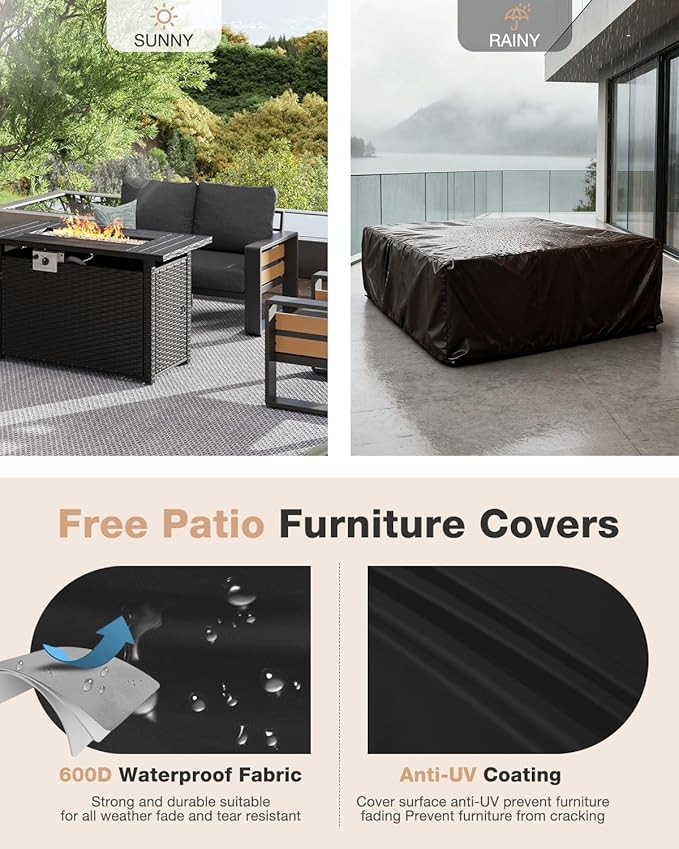 Aoxun Aluminum Patio Furniture Set with Fire Pit Table, 4 Piece Luxury Outdoor Sectional with 6" Olefin Fabric Cushions, Patio Conversation Sets with Waterproof Cover for Backyard, Porch Dark Grey