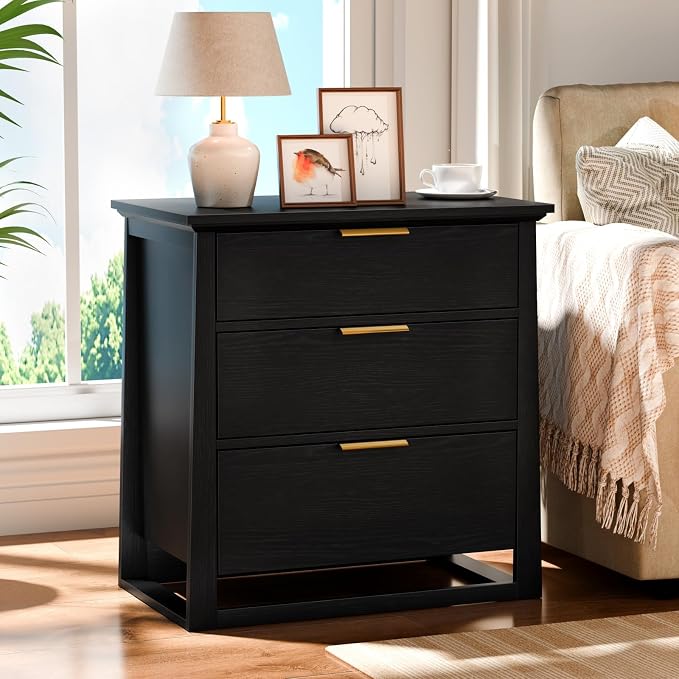 Rresyet 3 Drawer Nightstand Set of 2, 26 inch Wide Night Stand with Spacious Storage Set, Wooden Bedside Table for Bedroom & Office (Black) - Image 6