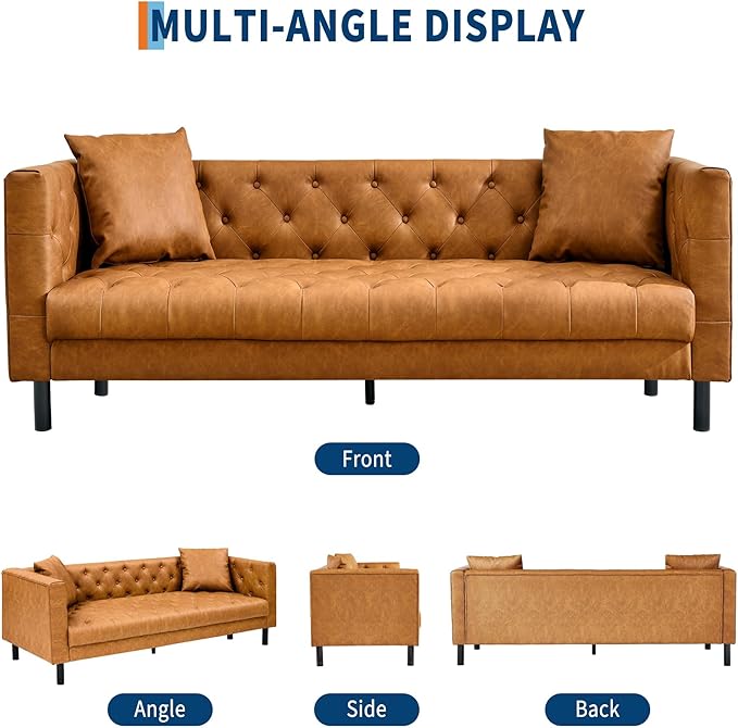 IDEALHOUSE 81" Mid Century Modern Leather Sofa, 3 Seater Chesterfield Couch with Button Tufted Back & Deep Seat, Upholstered Living Room Sofa for Apartment or Office, Cognac Tan