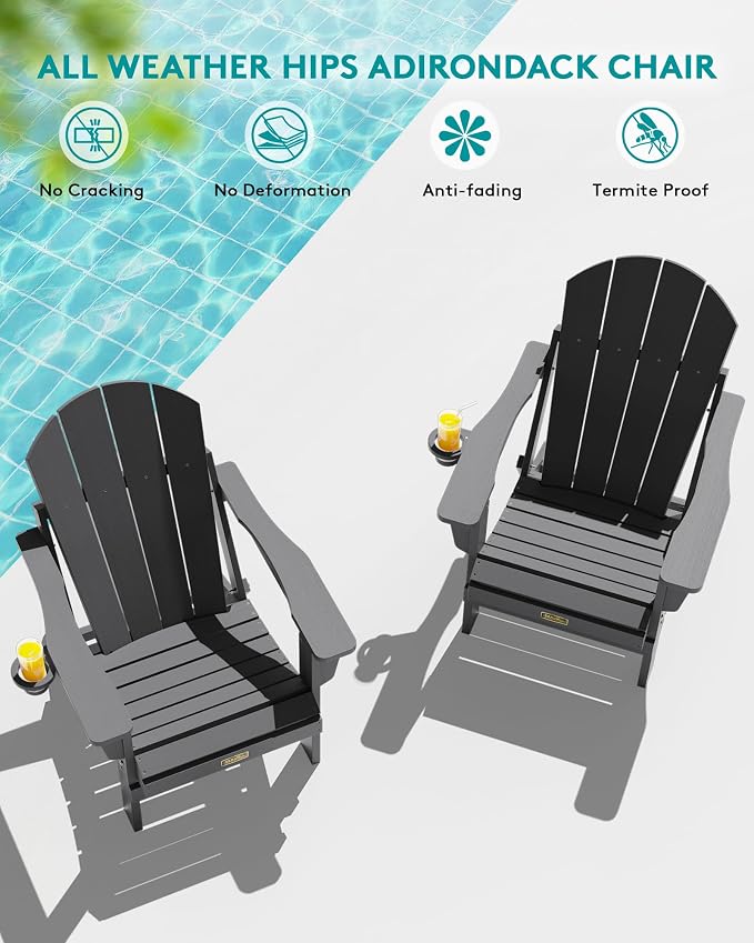 SERWALL Folding Adirondack Chair with Cup Holder Set of 2, All Weather Adirondack Chairs, Fire Pit Chairs for Patio Garden Outdoors Fire Pit - Gray - Image 8