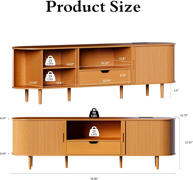 DHH 71" Fluted TV Stand with Power Outlet for TVs up to 80",TV Console with Adjustable Shelves and Sliding Door,Mid Century Modern Entertainment Center for Living Room,Bedroom (Yellow Walnut, 71Inch) - Image 7