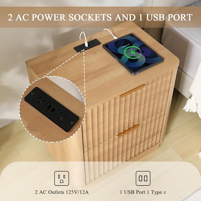Fluted Nightstand Set of 2, Wood End Table with Charging Station, 23" Modern Night Stands with 2 Drawers, Oak Bedside Table for Bedroom - Image 7