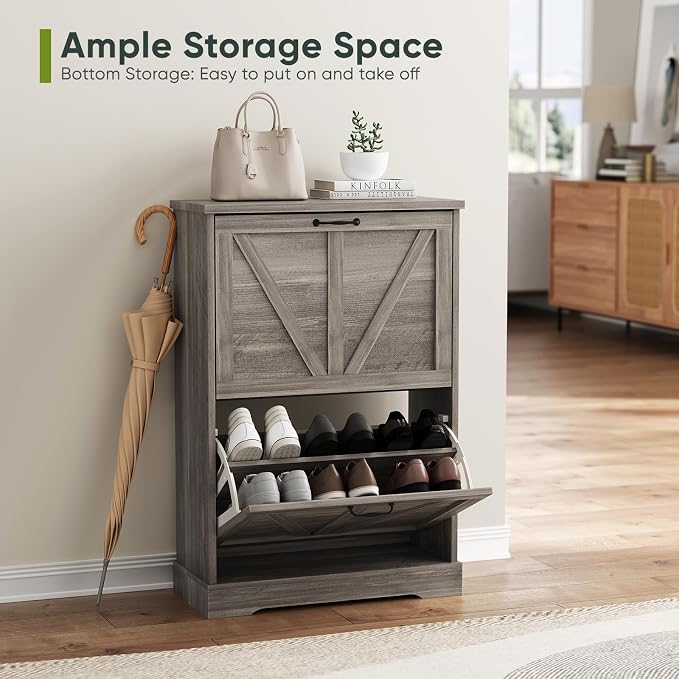 Smart FENDEE Shoe Cabinet, Shoe Storage Cabinet for Entryway with 2 Flip Drawers, Narrow Farmhouse Shoe Organizer Cabinet, Slim Shoe Rack Cabinet, Gery - Image 6