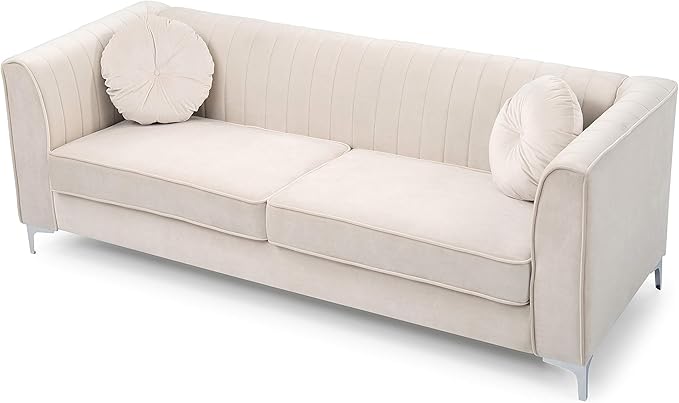 Glory Furniture Delray Velvet Upholstered Sofa in Ivory/Chrome Legs
