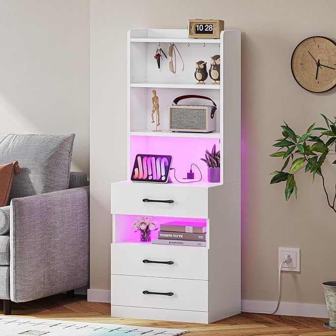 VIAGDO Tall Nightstand Set of 2 with Charging Station and LED Lights, White Night Stand Set 2 with Bookshelf, Modern LED Bedside Tables with 3 Drawers and Storage Shelves, Side Tables for Bedrooms - Image 9