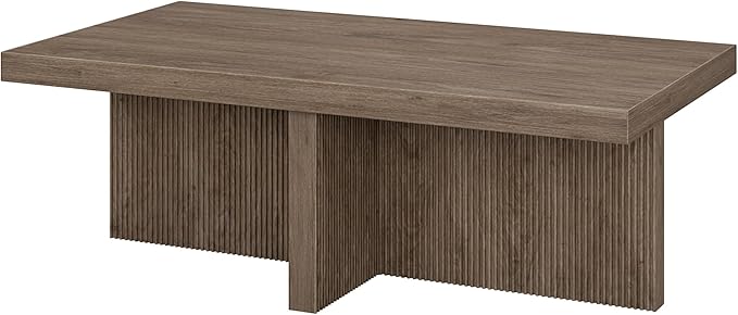 Henn&Hart 44" Fluted Rectangular Wood Pedestal Low-Profile Coffee Table with Ribbed Pedestal Base for Living Room, Family Room or Office, Weathered Gray