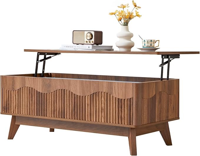 BERRYMERRY Lift Top Coffee Table with Hidden Storage, Farmhouse Fluted Coffee Table with Wave Profile, Rising Top Rectangular Center Table for Living Room (Walnut)