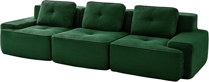 Casaphoria 115'' Green Corduroy Sofa, Boneless Sectional Couch with 3 Pillows for Modern Living Room, Deep Seat Sofa No Assembly Modular Cloud Couch