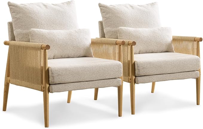 VINGLI Boho Braid Accent Armchairs Set of 2,Mid-Century Modern Chiars with Solid Wooden Armrest,Comfy Louge Cushion Chairs with Waist Pillow for Bedroom,Living Room,Reading Room, Gray Beige