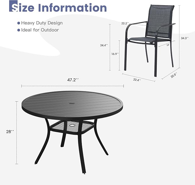 VICLLAX Round Outdoor Dining Set, Patio Table and Chairs Set Set of 6 Patio Stackable Chairs and 47" Outdoor Round Table with Umbrella Hole for Backyard Lawn Garden, Dark Grey Chairs and Black Table - Image 7